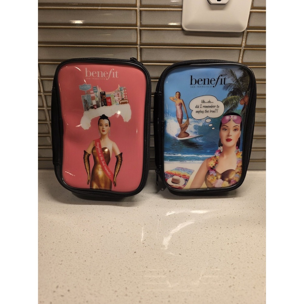 Lot Of 2 VTG Style Benefit Cosmetics Vinyl Makeup Bags - Gabbi Venus Beach